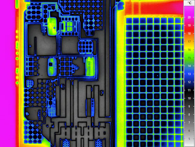 Structures on a microchip at 8x magnification