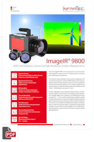 A PDF document showcases the ImageIR 9800, a LWIR thermography camera for high-resolution outdoor measurements, featuring detailed specifications, colorful graphs, and a wind turbine in the background.
